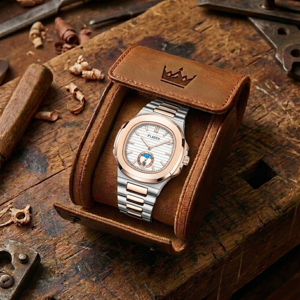 Men's Waterproof Leather & Steel Quartz Watch